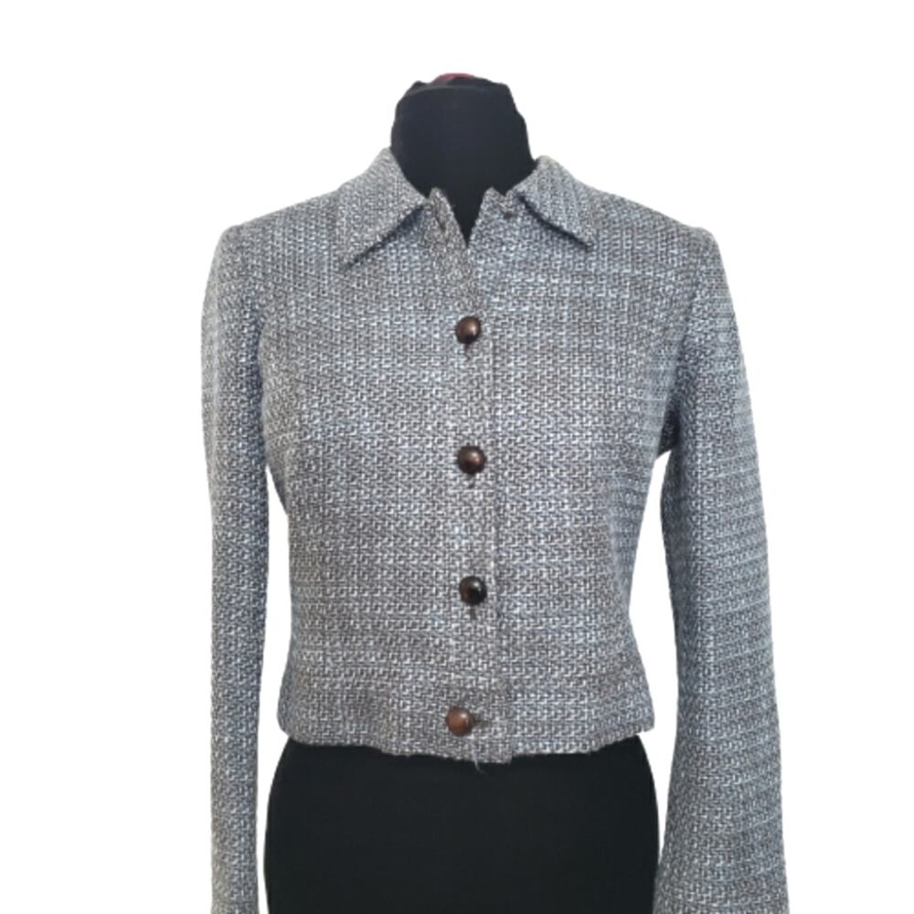 Emily Womens Cropped Basketweave‎ Blazer Jacket Blue Brown Size 10 Button Front